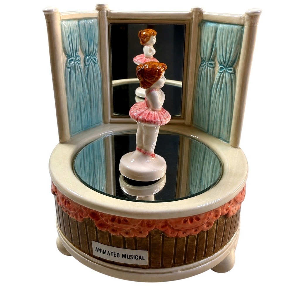 70s Spinning Ballerina Music Box Ceramic Swan Lake Vanity Mirror Vintage WORKS
